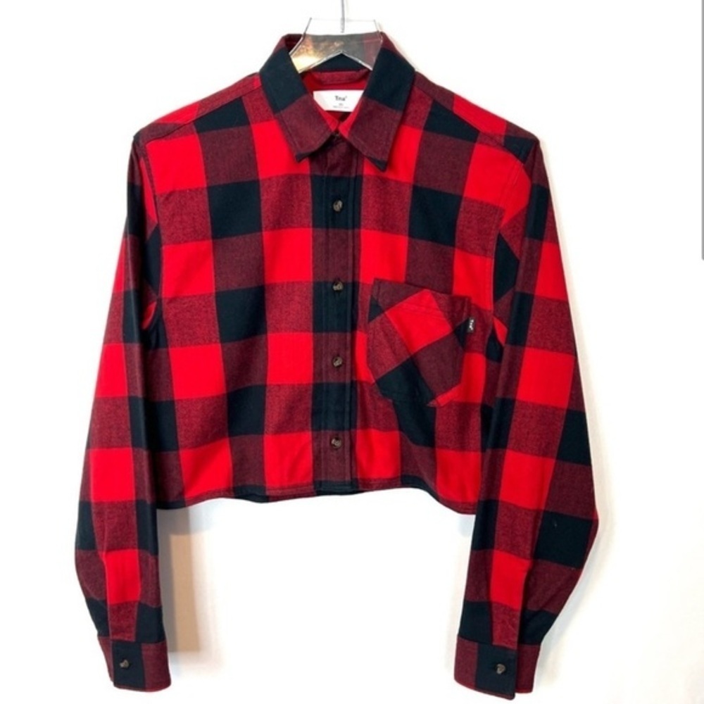 Buffalo Plaid Red Black Button Down Long Sleeve Women’s Crop Jacket Shirt XS